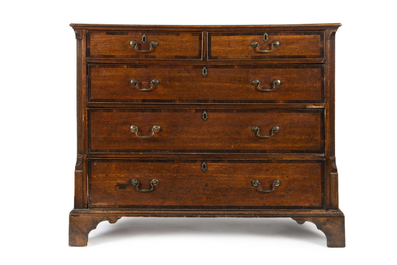 A Georgian five drawer oak chest with mahogany cross banding, circa 1790, 95cm high, 115cm wide, 55cm deep