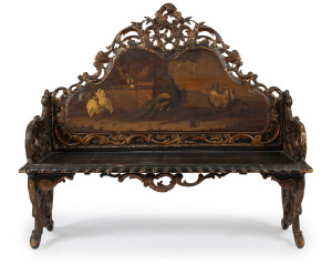 An Italian polychrome and carved timber boudoir seat painted with avian classical scene, 19th century 127cm across the arm