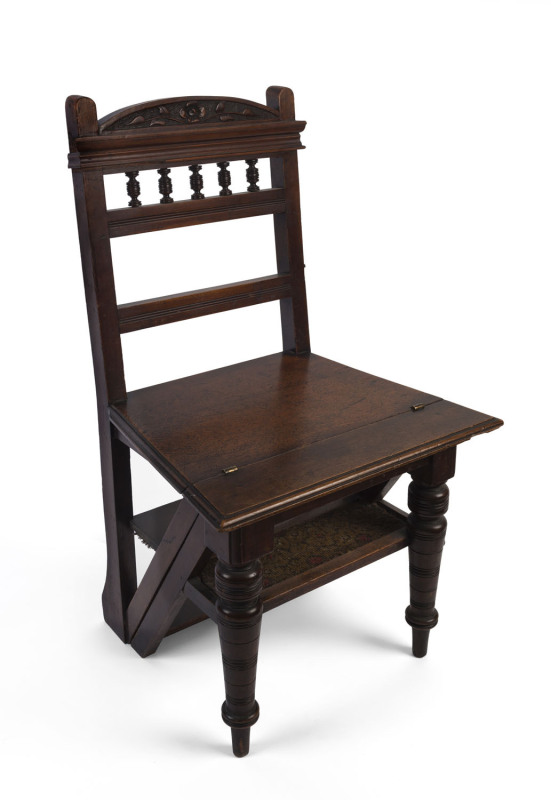 An antique metamorphic library chair, carved walnut, circa 1890, 89cm high