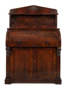 A Scottish cylinder roll top desk, flame mahogany fitted with drawers and compartments, 19th century, 170cm high, 40cm wide, 48cm deep