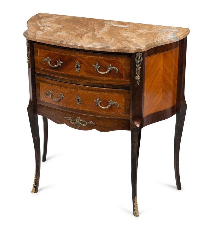 Table de chevet French 2 drawer bedside table, inlaid kingwood with ormolu mounts and marble top, late 19th early 20th century, 71cm high, 67cm wide, 34cm deep