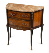 Table de chevet French 2 drawer bedside table, inlaid kingwood with ormolu mounts and marble top, late 19th early 20th century, 71cm high, 67cm wide, 34cm deep