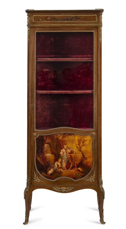 A French vitrine with hand-painted scenes and ormolu mounts, late 19th century,