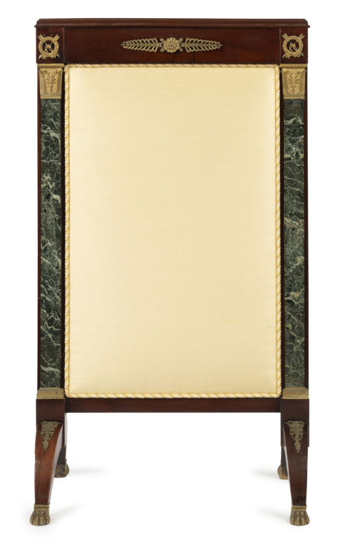 A French mahogany fire screen with green marble applied columns, gilt brass mounts and lion's paws feet; original silk panel,19th century. 103cm high, 60cm wide