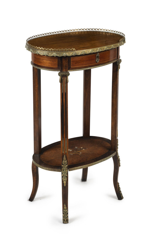 A French oval side table, kingwood with inlaid marquetry mother of pearl and ormolu mounts, 19th century, 78cm high, 47cm wide, 33cm deep