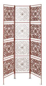 A French red painted wrought iron three fold screen, 19th century, 183cm high, 116cm wide,