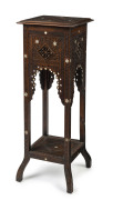 A Damascus plantstand pedestal, carved wood and mother of pearl, 19th century, 104cm high, 38cm wide, 38cm deep