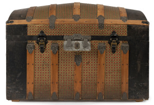 A dome topped timber bound trunk fitted with lift out tray, 19th century, 65cm high, 99cm wide, 54cm deep