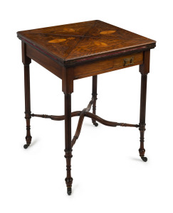An English envelope card table, rosewood with satinwood and fruitwood inlay, circa 1885, makers lable for "W. RICHARDS", 75cm high, 59cm wide, 59cm deep