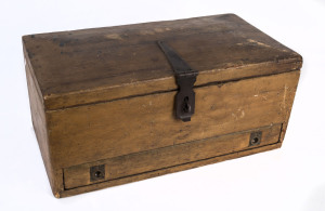 A carpenter's tool trunk, painted pine fitted with one drawer, (tray missing), 19th century, 25cm high, 55cm wide, 30cm deep