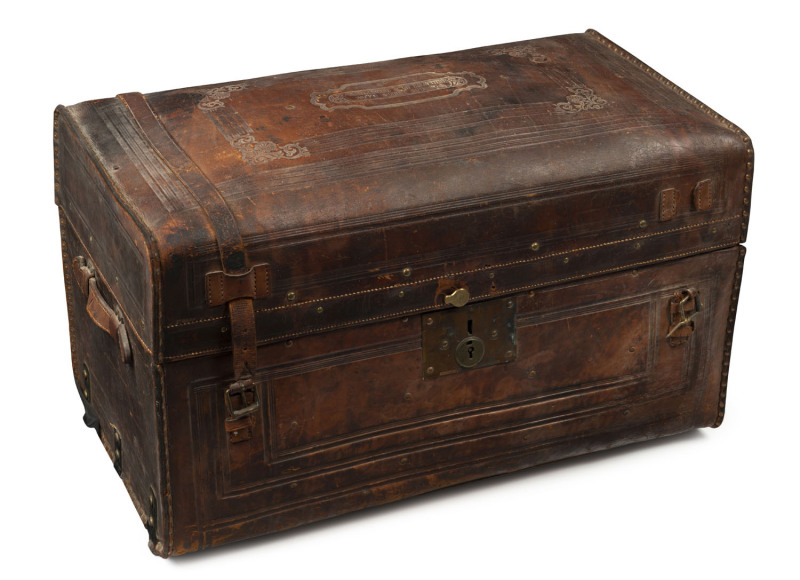 An embossed leather travel trunk with brass fittings, 19th century, 51cm high, 87cm wide, 49cm deep