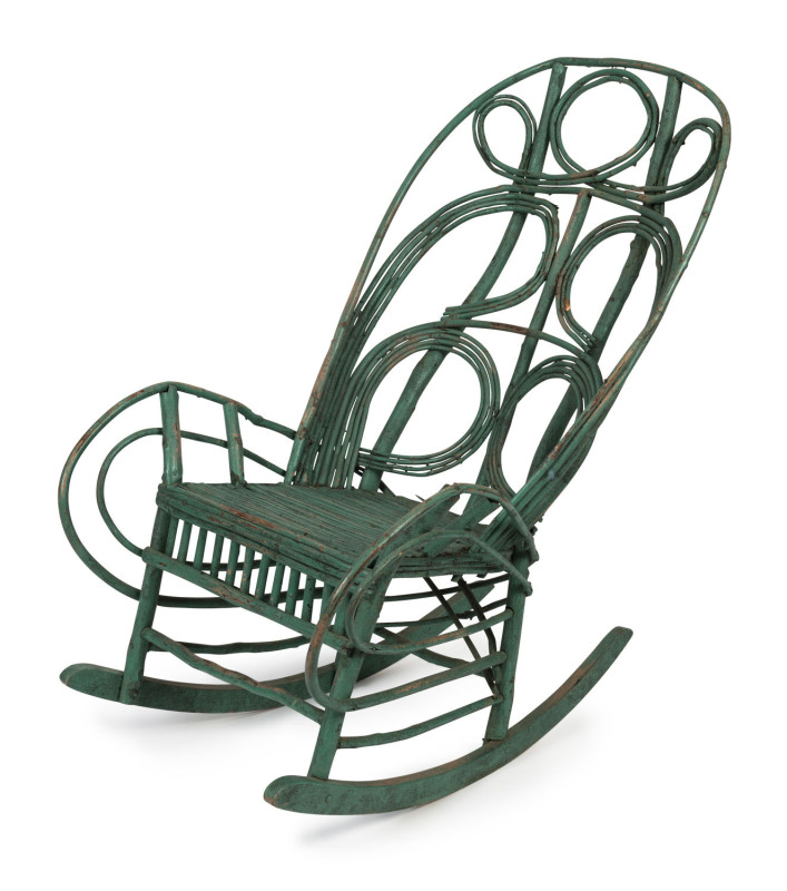 A rustic twig stick rocking chair with original green painted finish, late 19th century, 63cm across the arms