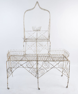 A Victorian wirework plant stand with white painted finish, 19th century, 158cm high, 120cm wide, 68cm deep