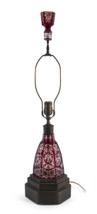 A Bohemian ruby intaglio cut glass table lamp with metal mounts, late 19th century, 65cm high overall