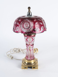 A Bohemian ruby overlay table lamp on brass base, 20th century, 42cm high