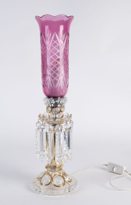 An Italian antique style lustre lamp with cranberry glass shade, 20th century, 54cm high
