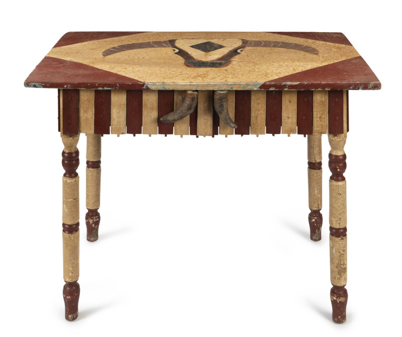 An American folk art table with Texas long horn top and painted finish, circa 1930s 76cm high, 107cm wide, 73cm deep