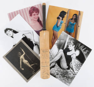 Group of 60 entertainment publicity and promotional photographs, many captioned on reverse, mainly mid 20th century; together with a miniature cricket bat "Lord's Taverners Old Australia vs. The Crusaders Old Rest Of The World" with signatures including, 