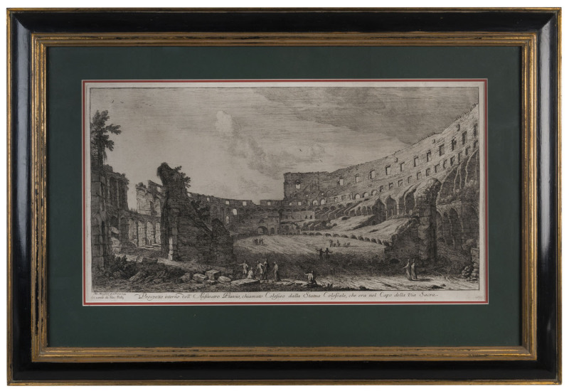 ADRIEN MANGLARD (1695 - 1760), Prospetto interno dell'Antiteatro Flavio, chiamato Coloseo dalla Statua Colossale, che era nel Capo della Via Sacra. copper engraving, dated 1753. 30 x 55cm