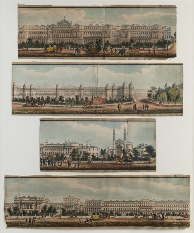 Richard MORRIS Some panels from "Panoramic View round the Regent's Park. From Drawings taken on the Spot by Rich.d Morris, Author of Essays on Landscape Gardening". hand-coloured aquatints, [London, R. Ackermann, 1831]