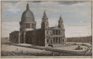 Various engravings and etchings, all mounted or framed, with images including St. Paul's Cathedral, London; The Choir of St. Paul's Cathedral; Comb Abbey in Warwickshire (by Johannes Kip), etc. (7 items); various sizes.