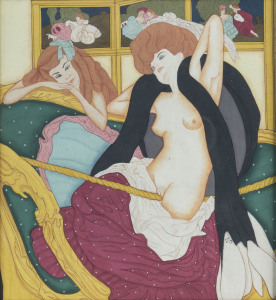 Franz von BAYROS [1866 - 1924] The Love Swing pen and coloured inks, drawing on paper, 16.5 x 14.5, initialed lower right. Together with the book "The Amorous Drawings of the Marquis von Bayros" [Part 1], The Cythera Press, New York, 1968.