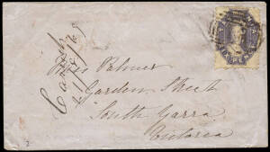 1869 (Aug. 21) Carrick to South Yarra small envelope with perforated 6d with blurred BN '18' of Carrick and postmasters endorsement at left; also 1869 envelope Torquay to Stanley with unclear numeral and Torquay double arc datestamp tieing 4d blue. (2 ite