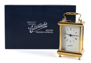 Catanach's carriage clock in original presentation boxes, marked "Catanach's Armadale, Victoria, Broome, Western Australia, 15cm high
