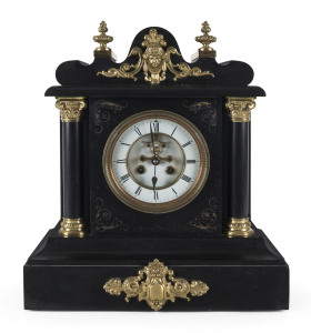 A French mantel clock, time and strike with open escapement in Belgium black marble case with ormolu mounts, 19th century, 41cm high