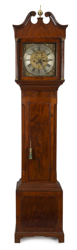 An English grandfather clock with subsidiary calendar dial, by THOMAS HADEN, Stourbridge, England, circa 1760. Fine mahogany case with string inlay and brass mounts, 217cm high