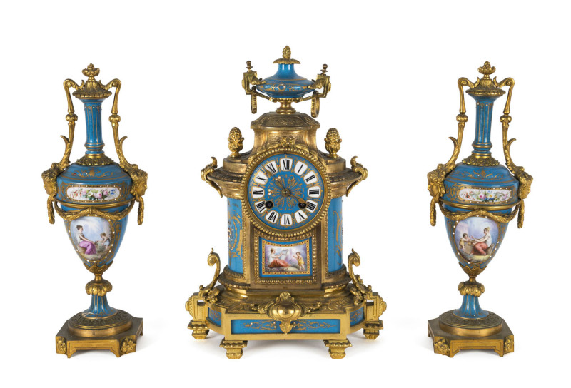 A French 3 piece clock set, Sevres porcelain with ormolu mounts, 19th century 35cm high