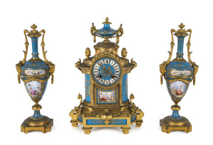 A French 3 piece clock set, Sevres porcelain with ormolu mounts, 19th century 35cm high