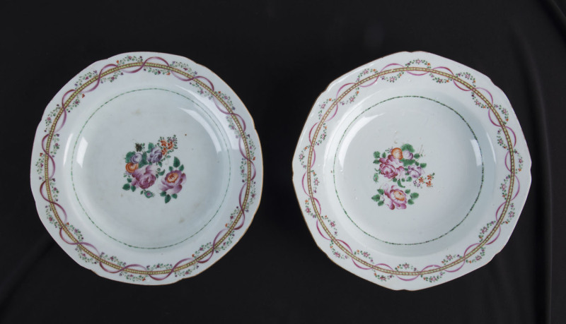 Two 18th century Chinese export ware porcelain bowls with famille rose decoration in the English style, circa 1760. 23cm across