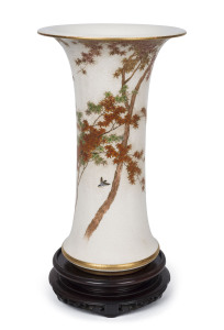 SATSUMA KINKOZAN Japanese earthenware vase with Autumn scene decoration, Meiji period, circa 1900, signed in gold script seal "Kinkozan" and repeated impressed seal mark, with carved wooden stand. the vase 30cm high