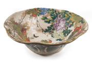 SATSUMA KINKOZAN Japanese lotus shaped earthenware bowl with enamel pomegranate, butterflies and peony designs, Meiji period, late 19th early 20th century, ten character seal mark to the side. 16cm high, 44cm across - 2