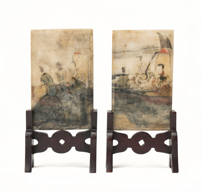 Pair of small Chinese painted marble table screens in timber stands, Qing dynasty. Screens 14 x 9 cm each.