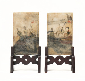 Pair of small Chinese painted marble table screens in timber stands, Qing dynasty. Screens 14 x 9 cm each.