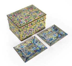 Chinese famille rose enamel box on yellow ground, 19th century; together with a pair of enamel metal dishes, 20th century. the box 7.5cm high, 13cm deep, 10cm deep