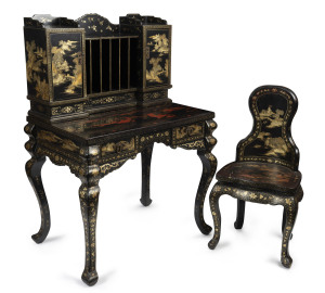 A Japanese lacquered desk fitted with cabinets and compartments, together with matching chair, 19th century, 135cm high, 94cm wide, 65cm deep