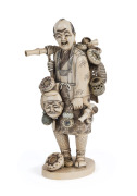 A Japanese carved ivory Okimono basket seller, Meiji Period, two character seal mark to base, 20.5cm high