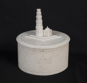 An Indian ivory box with architectural finial, circa 1920s, 13.5cm high, 12cm across