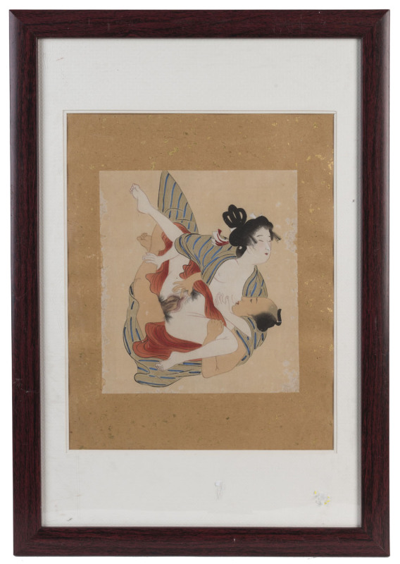 Two Japanese hand-painted erotic scenes, Meiji Period, 18 x 20cm