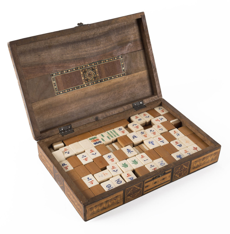 Mah-Jong set, bone and bamboo, early 20th century, in Damascus inlaid timber box, the box 28cm across