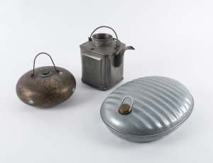 Two Chinese bed warmers and a pewter teapot, early to mid 20th century, teapot 22cm high