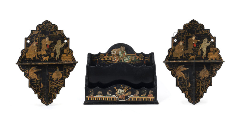 A pair of Japanese lacquer folding wall shelves and a letter tidy, Meiji period, 19th century, 23cm high