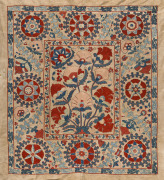 Two Central Asian Suzani shawls, embroidered silk on cotton, Tajikistan, 20th century, the former being 118cm x 110cm