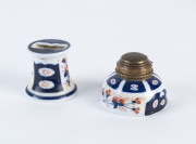 A Japanese Imare pattern inkwell with bronze lid, together with an Imari pattern quill holder. (2 items).