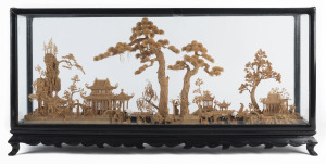 Chinese cork diorama in glass case, 20th century, 30cm high, 60cm wide, 12cm deep