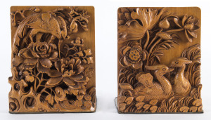 A pair of Chinese carved timber and brass bookends, early to mid 20th century, 18cm high