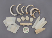 Indian ivory miniature, 6 assorted boar teeth, Hippo's tooth knife rest, and assorted old ivory pieces, 19th and 20th century, miniature 6cm diameter